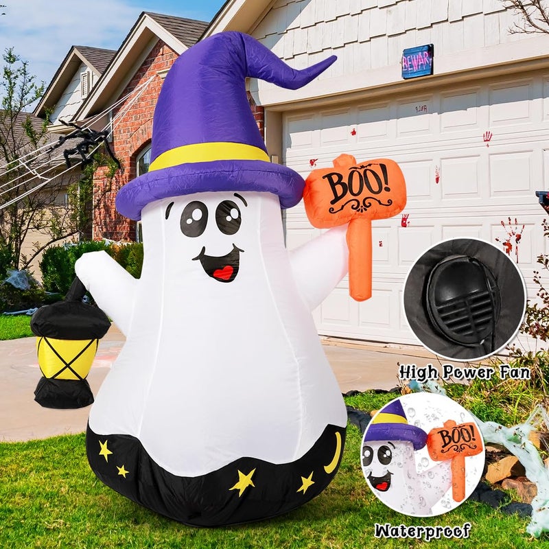 GOOSH 5 FT Halloween Inflatables Ghost Outdoor Decorations Blow Up Yard Cute Wizard Ghost with Hand-Held Light with Built-in LEDs for Garden Lawn Indoor Party Decor - Image 4